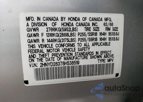 2008 Acura Mdx Technology z USA, uszkodzony, nr VIN 2HNYD28378H538519